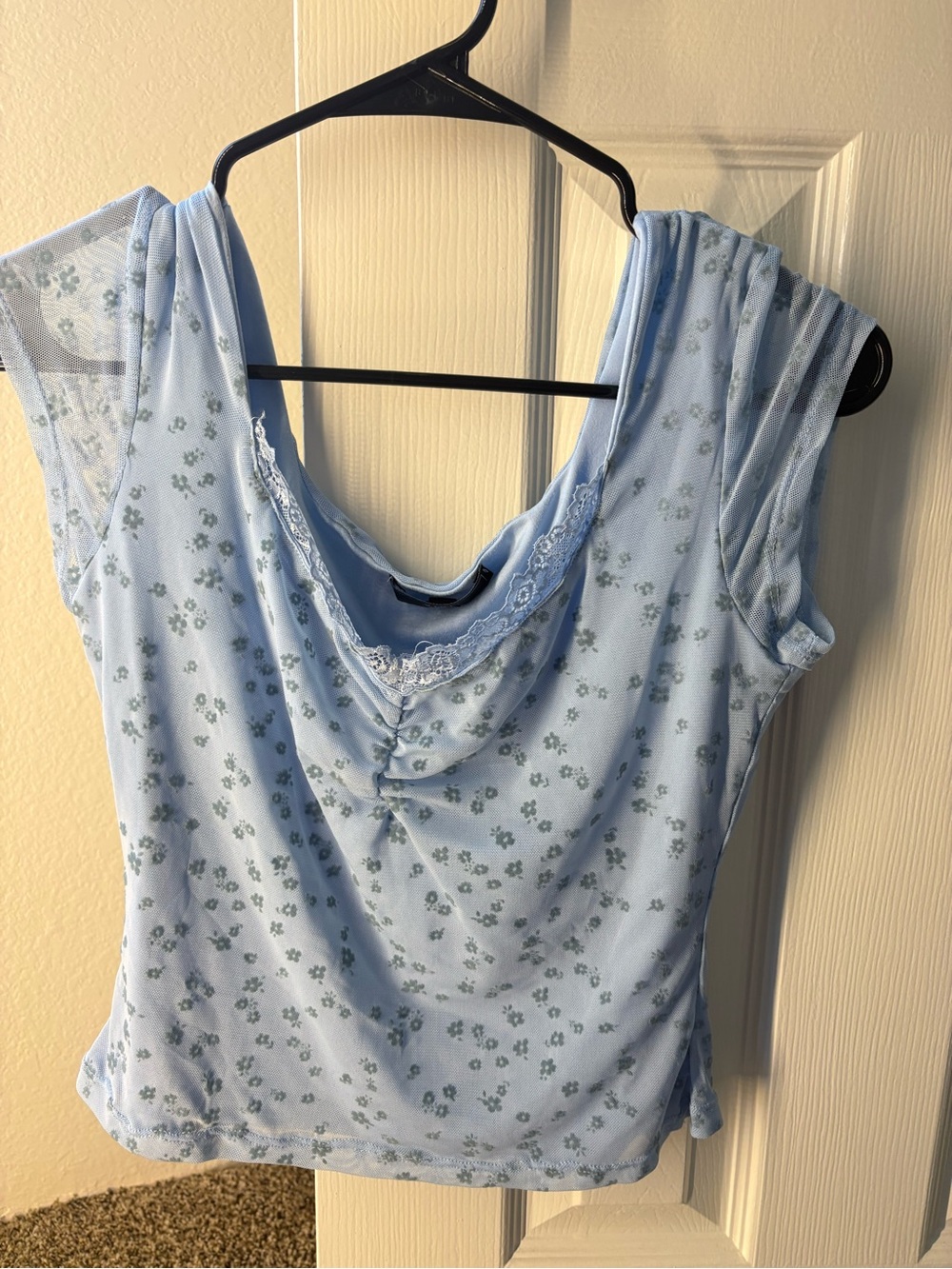 Vibe Light Blue Floral Lace Trim Cowl Tank